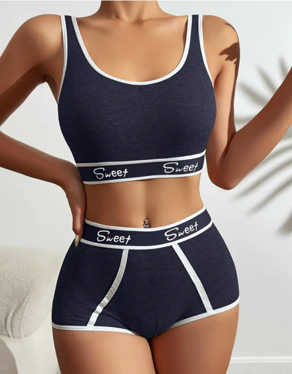 Letter Print Bra Panties Ribbed Wireless Bra Elastic Panties